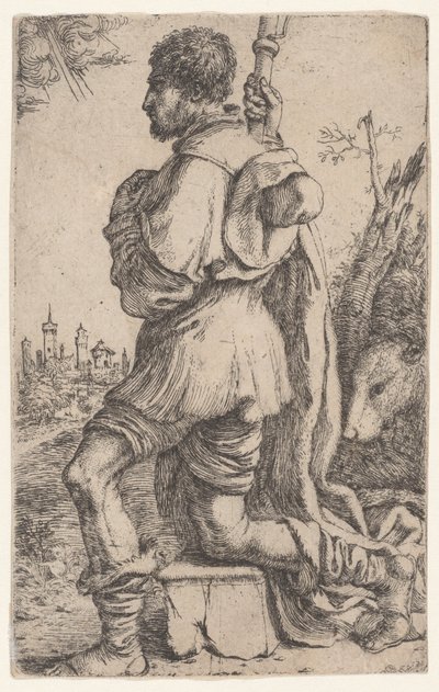 Svatý Roch, klečící na kameni, při pohledu ze strany se psem za zády..., 1620-30. od Giuseppe Caletti