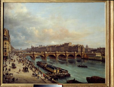 La cite et le Pont Neuf při pohledu z Quai du Louvre V popředí mytí lodí (boat-wash) a velká aktivita na březích Seiny. Obraz Canella Giuseppe Canella l