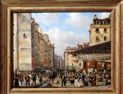 Les Halles a rue de la Tonnellerie v roce 1828: pohled na Paříž v 19. století. Obraz Giuseppe Canella (1788-1847) od Giuseppe Canella