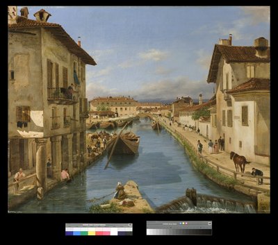 Pohled na kanál Naviglio z mostu San Marco v Miláně, 1834 od Giuseppe Canella