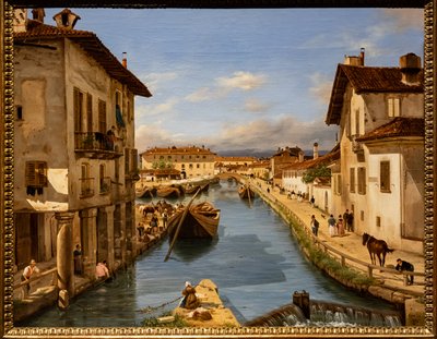 Pohled na kanál Naviglio z mostu svatého Marka, kolem roku 1850 (olej na plátně) od Giuseppe Canella