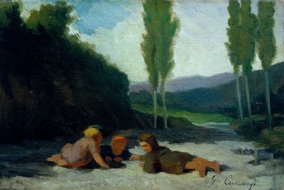 Děti hrající si na břehu řeky (olej na plátně) od Giuseppe Ciaranfi