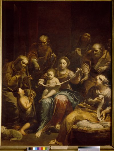 Svatá rodina (The Holy Family). Panna a dítě Kristus jsou uprostřed obrazu, obklopeni Josefem, svatou Alžbětou a svatým Janem Křtitelem, dítě. Obraz Giuseppe Maria Crespi známý jako Lo Spagnolo (1665-1747), olej na plátně, cca 17 od Giuseppe Maria Crespi
