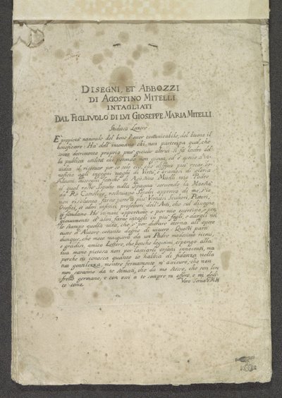 Zadán tisk titulu s předmluvou Ornamenten (název série) Kresby a skici od Agostina Mitelliho Vyřezal jeho syn Gioseppe Maria Mitelli (název série na objektu) od Giuseppe Maria Mitelli