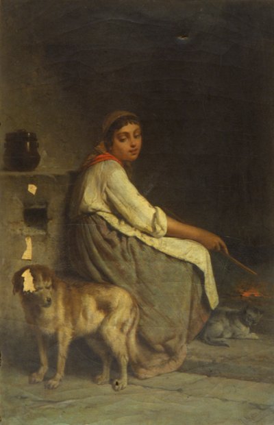 Žena se psem a kočkou u krbu od Giuseppe Mazza