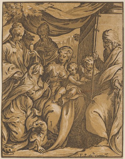 Panna a dítě se svatými od Giuseppe Nicolo Vicentino, after Camillo Boccaccino