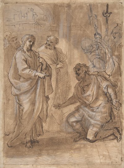 Kristus a setník recto, postava mávající odplouvající lodi verso., n. d.. od Giuseppe Passeri
