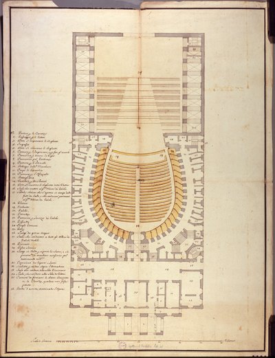 Originální kresba architektury interiéru divadla Teatro alla Scala od Giuseppe Piermarini