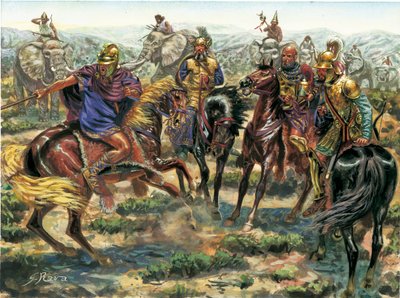 Starověký Řím: povstání Amsicora (Hampsicora nebo ampsicora) (3. století př. n. l.) Latifundistický Kartáginec proti římské moci v roce 215 př. n. l. - Ancient rome: Ampsicora proti Římu v roce 215 př. n. l. - Ilustrace Giuseppe Rava od Giuseppe Rava