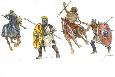 Katafrakt bojující s románovým legionářem a románový legionář bojující s hunským válečníkem od Giuseppe Rava