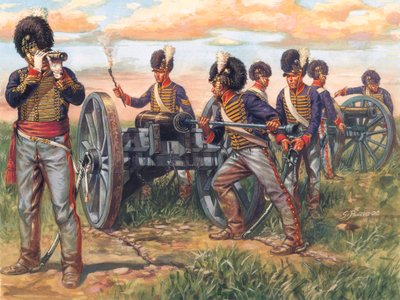 První říše: Angličtí dělostřelci nabíjející dělo v bitvě u Waterloo v roce 1815 - První říše: vojáci britské armády nabíjející dělo v bitvě u Waterloo v roce 1815 - Ilustrace Giuseppe Rava od Giuseppe Rava