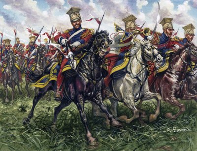 První císařství: Červený pluk kopiníků nebo pluk jízdních legionářů císařské gardy během bitvy u Waterloo 18. 6. 1815 - První císařství: 2. pluk lehkých jízdních kopiníků císařské gardy (Červený pluk kopiníků nebo Rudí kopiníci) během bitvy u Wa od Giuseppe Rava