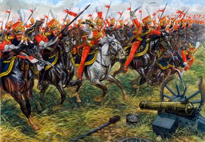 První císařství: 2. pluk jezdeckých kopiníků císařské gardy Napoleona I. v bitvě u Waterloo 18.6.1815 - První císařství: 2. pluk lehkých jezdeckých kopiníků císařské gardy Napoleona I. ve Waterloo 18. června 1815 - Illustratio od Giuseppe Rava