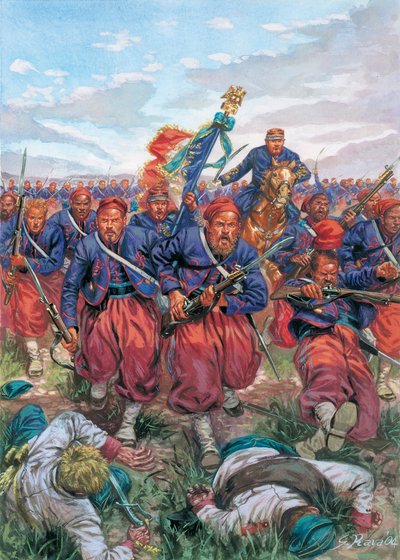 Italské tažení roku 1859 (druhá italská válka za nezávislost): útok zouvů francouzské armády Napoleona III. během bitvy u Solferina 24. 6. 1859 - Druhá italská válka za nezávislost (francouzsko-rakouská válka, rakousko-sardinská válka, rakousko-polská válk od Giuseppe Rava