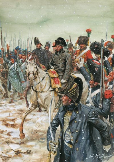 Ať žije císař! Císař Napoleon I. (1769-1821) obkličuje svou armádu během francouzského tažení v lednu 1814" - Válka šesté koalice, bitvy ve Francii, císař Napoleon I. obkličován svou armádou během francouzského tažení - Ilustrace G od Giuseppe Rava