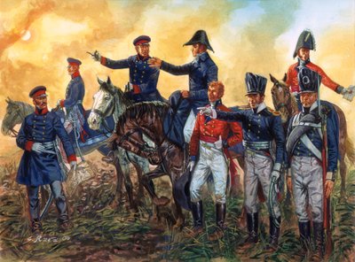 Napoleonská válka: Arthur Wellesley, vévoda z Wellingtonu (1769-1852) velící britským vojskům a Gebhard Leberecht von Blucher (1742-1819) velící pruské armádě v bitvě u Waterloo 18.6.1815 - (Napoleonské války: velitelé vévoda z Wellingtonu pro od Giuseppe Rava