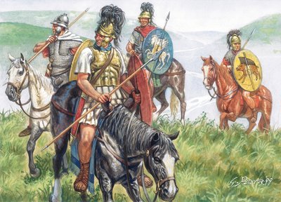 Římská antika (Republika): skupina římských jezdců - Římská republika: římské jezdectvo - Ilustrace Giuseppe Rava od Giuseppe Rava