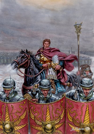 Římská antika: Římské vojsko u Hadriánova valu ve Skotsku, 2. století n. l. - Ilustrace Giuseppe Rava od Giuseppe Rava
