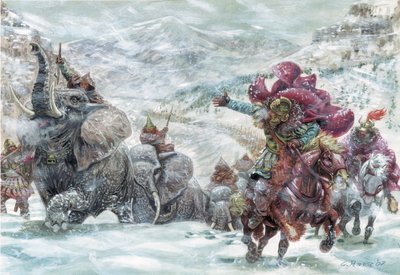 Římská antika: Hannibalovi sloni při přechodu Alp - vyobrazení slonů, kteří umožnili kartaginskému generálovi Hannibalovi (247-183 př. n. l.) překročit Alpy v roce 218 př. n. l. během druhé punské války Ilustrace Giuseppe Rava od Giuseppe Rava