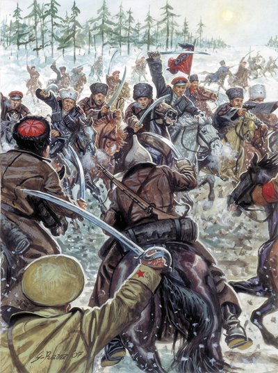 Ruská občanská válka (1917-1923): Ruská občanská válka: kozáci bojující proti bílé ruské armádě v roce 1919 - Ilustrace Giuseppe Rava od Giuseppe Rava