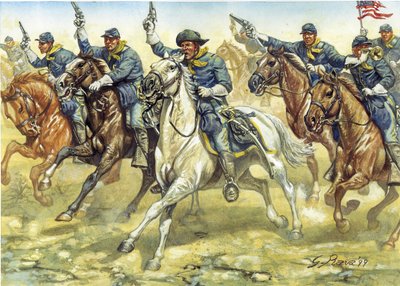 Secesionální válka (1861-1865): vojáci severní kavalerie (Unie) během bitvy - Americká občanská válka: vojáci kavalerie Severu (Unie) během bitvy - Ilustrace Giuseppe Rava od Giuseppe Rava