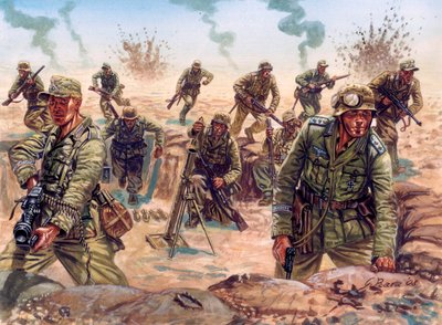 Druhá světová válka, kampaň v severní Africe: voják Deutsches Afrikakorps (Afrika Korps, Afrikakorps nebo DAK), německých expedičních sil, v Libyjské poušti od Giuseppe Rava