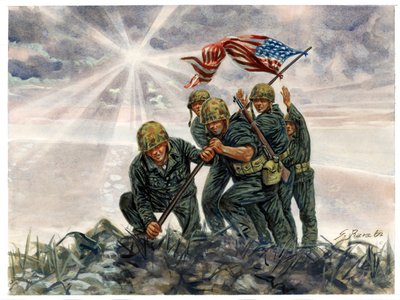 Druhá světová válka, válka v Tichomoří: bitva o Iwo Jimu, vítězství americké námořní pěchoty v únoru 1945 - Druhá světová válka, válka v Tichomoří: Bitva o Iwo Jimu (operace Detachment), americká námořní pěchota vztyčuje americkou vlajku, únor 1945, Japons od Giuseppe Rava
