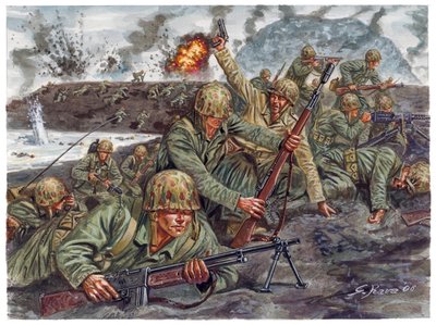 Druhá světová válka, válka v Tichomoří: vylodění obojživelného sboru námořní pěchoty 19. 2. 1945 během bitvy o Iwo Jimu v Japonsku - druhá světová válka, válka v Tichomoří: Bitva o Iwo Jimu (operace Detachment), obojživelný výsadek americké námořní pěchoty od Giuseppe Rava