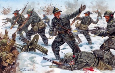 Druhá světová válka, ruská fronta: Druhá světová válka, ruská fronta: italští alpinisté v Rusku, leden 1943 - Ilustrace Giuseppe Rava od Giuseppe Rava