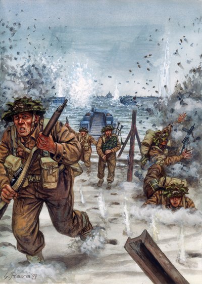 Druhá světová válka: skotští vojáci při vylodění v Normandii 6. 6. 1944 - 2. světová válka, den D: Skotští vojáci v den vylodění v Normandii, 6. června 1944 - Ilustrace Giuseppe Rava od Giuseppe Rava