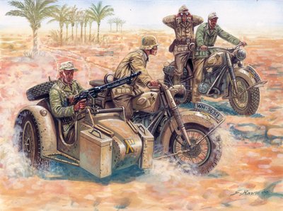 Druhá světová válka: Deutsches Afrikakorps (DAK Afrika Korps)) se pohybuje v libyjské poušti v sajdkárách BMW od Giuseppe Rava