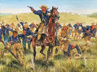 Španělsko-americká válka nebo válka o nezávislost Kuby (1868-1898) mezi Španělskem a Severní Amerikou: portrét amerického vojáka a politika Theodora Roosevelta (1858-1919), jak nabíjí Drsné jezdce na Kubě - Španělsko-americká válka (kubánská válka za nezáv od Giuseppe Rava