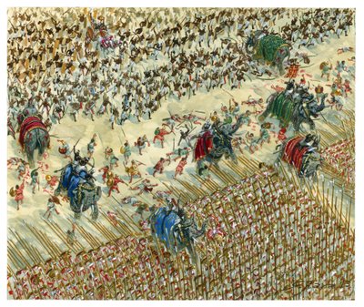 Bitva u Hydasp Alexandr a Porus v roce 327 př. n. l. - Alexandr Veliký pokračuje v dobývání údolí Indu - Alexandr Veliký proti králi Porovi v bitvě u Hydasp - Ilustrace Giuseppe Rava od Giuseppe Rava