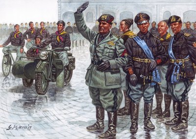 Duce Benito Mussolini (1883-1945) v doprovodu svých Černých košil (Camicie nere), jak se zdraví fašistickou armádou během vojenské přehlídky - Benito Mussolini a Černé košile během vojenské přehlídky - Ilustrace Giuseppe Rava od Giuseppe Rava