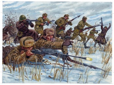 Druhá světová válka: Ruští pěšáci postupují na bitevním poli - Druhá světová válka: ruští pěšáci postupují na bitevním poli - Ilustrace Giuseppe Rava od Giuseppe Rava