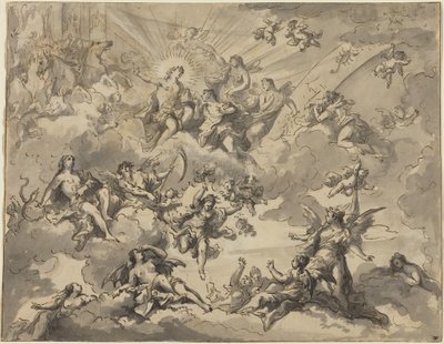 Apollón a múzy (pero a černá tuš s šedým lakem na křídovém papíře) od Giuseppe Valeriani