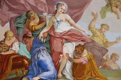 Reprezentace mýtu o Dianě, od Domenica a Giuseppe Valerianiových, freska, klenutý strop ložnice, královský byt, lovecká rezidence, od Filippa Juvarry (1678-1736), Stupinigi, Piemont, Itálie od Giuseppe and Valeriani Domenico Valeriani