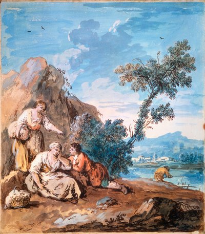 Tři rolníci odpočívající na břehu řeky, c1750. od Giuseppe Zais