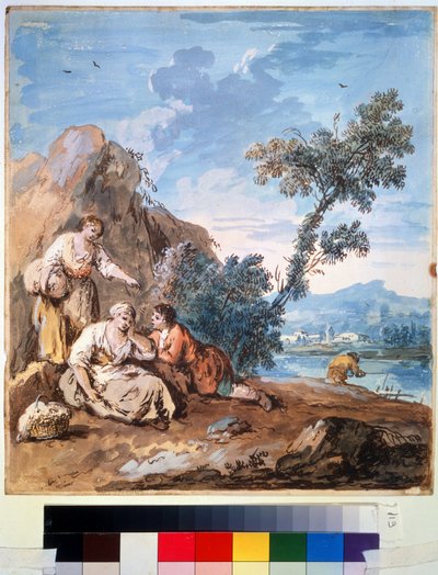 Tři rolníci odpočívající na břehu řeky. Obraz Giuseppe Zaise (1709-1784). Akvarel na papíře, 29,5 x 26,2 cm, kolem 1750. Benátská škola, italské malířství 18. stol. Puškinovo muzeum výtvarného umění, od Giuseppe Zais