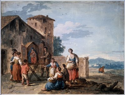 Skupina rolníků před svatostánkem se stojící sochou Madony. Kresba Giuseppe Zais (1709-1784). Tempera a sépie na papíře, 30,2 x 38 cm, kolem roku 1750. Benátská škola od Giuseppe Zais