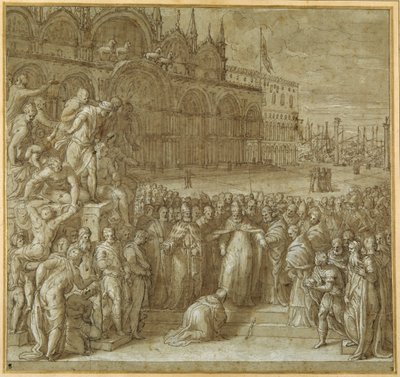 Usmíření mezi papežem Alexandrem III. a Frederickem Barbarossou za přítomnosti dóžete Sebastiana Zianiho (pero a hnědý inkoust s hnědým praním a zvýrazňováním) od Giuseppe della Porta Salviati