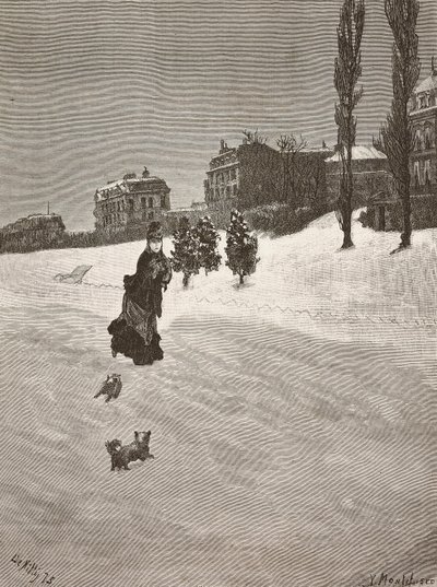 Je zima!, žena chodící ve sněhu, rytina z obrazu Giuseppe De Nittis, kresba Montefusco, L