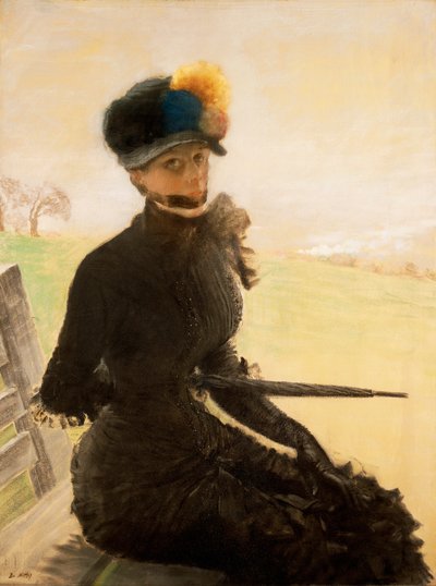 La femme aux pompoms (Žena s bambulí), kolem roku 1879 (pastel na plátně) od Giuseppe or Joseph de Nittis