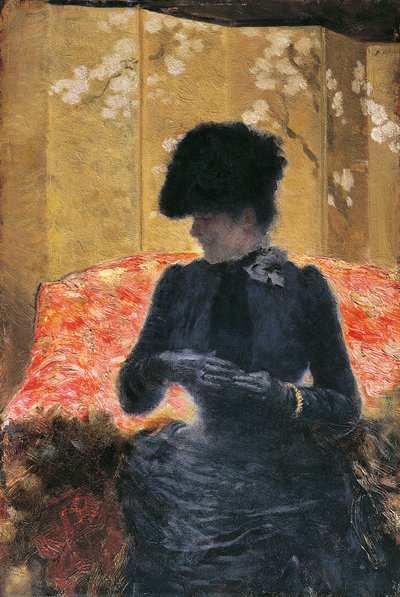 Žena na červené pohovce od Giuseppe or Joseph de Nittis