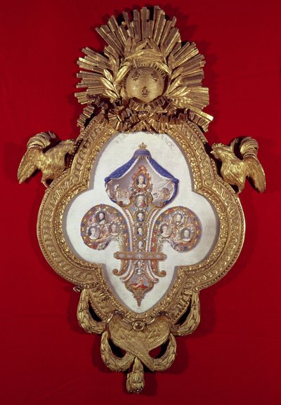 Fleur de France, genealogický strom s třinácti portréty Ludvíka XV. (1710-74) a jeho potomků v rámu ve tvaru fleur-de-lys, 1765 (zlato a smalt) od Glokeur de Surchamps