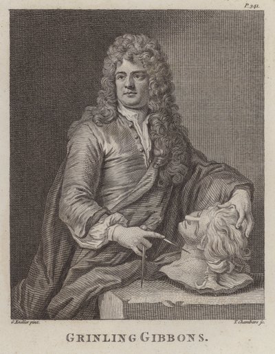 Grinling Gibbons , anglický řezbář a sochař (rytina) od Godfrey (after) Kneller