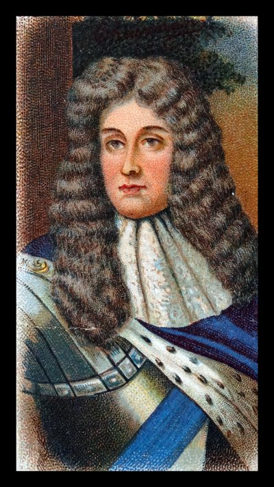 JAMES II (1633-1701) král Velké Británie a Irska 1685-88; uprchl do Francie poté, co se Vilém Oranžský (Vilém III.) vylodil v Torbay. Chromolitografická karta podle portrétu Godfreye Knellera od Godfrey (after) Kneller