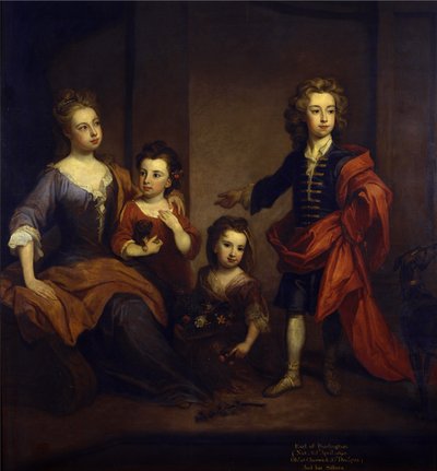 Portrét Richarda Boylea, 3. hraběte z Burlingtonu, se svými třemi sestrami, Elizabeth, Julianou a Jane Boyleovými, kolem roku 1700 (olej na plátně) od Godfrey Kneller