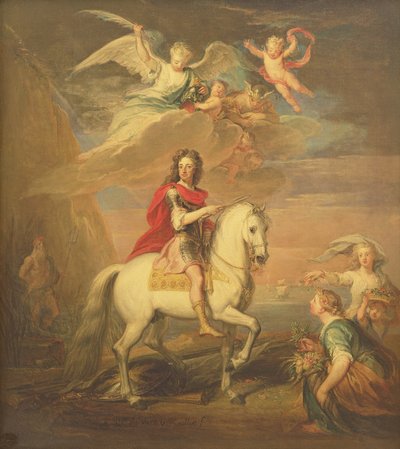 William III na šedé nabíječce pozorované Neptunem, Ceres a Florou. Merkur na obloze a Astrea od Godfrey Kneller