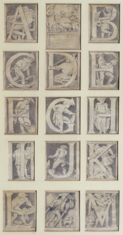 A-M, design pro třináct písmen pro abecedu pro South Kensington Museum, 1864 (tužka a šedá barva) od Godfrey Sykes